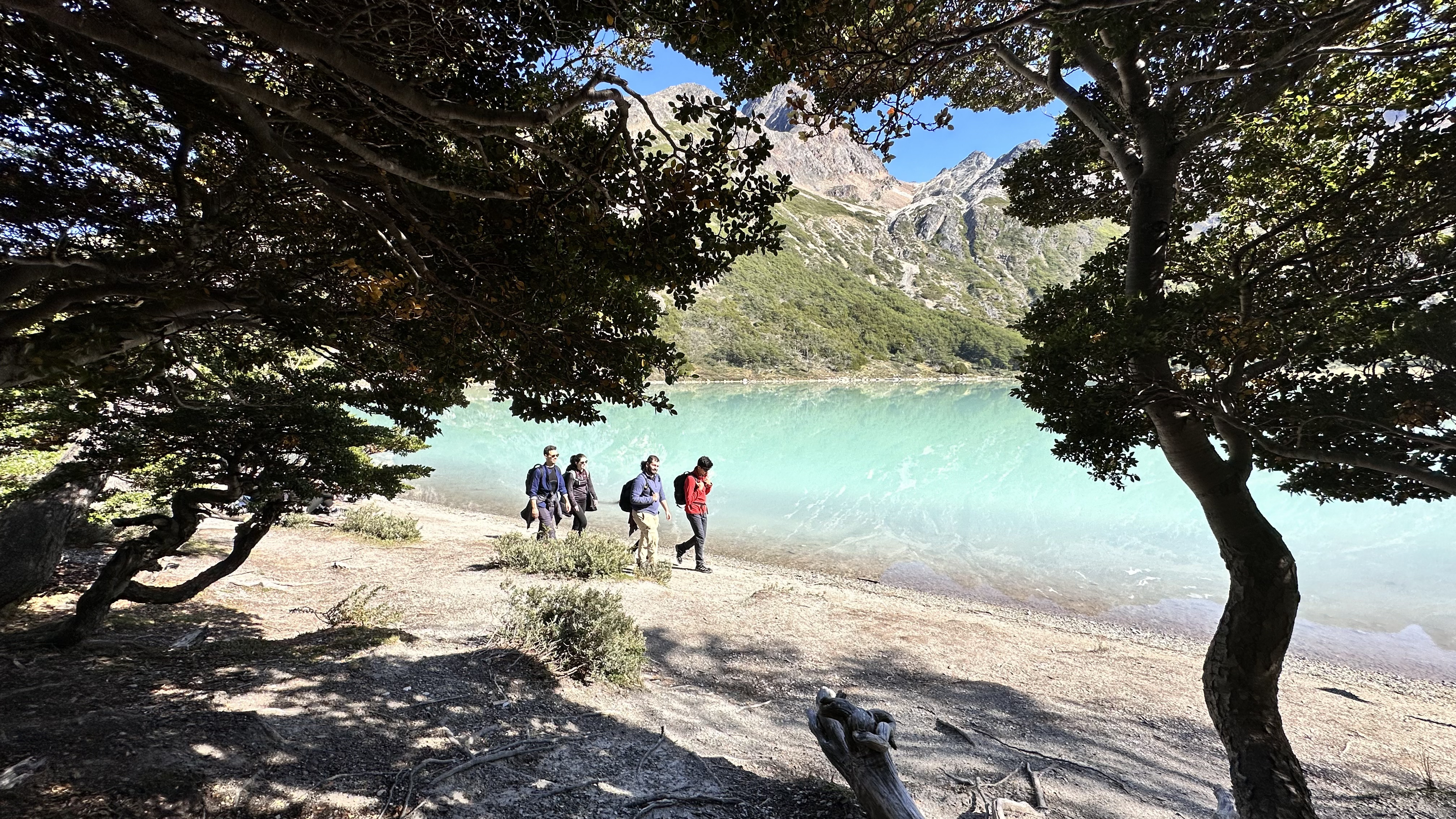 Grupo de caminhantes na margem da Laguna Esmeralda emoldurados pelas lengas